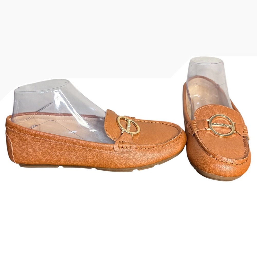 NWOB Calvin Klein Cognac Tan Kclayne L Loafers‎ Gold Buckle Women's Size 6.5M